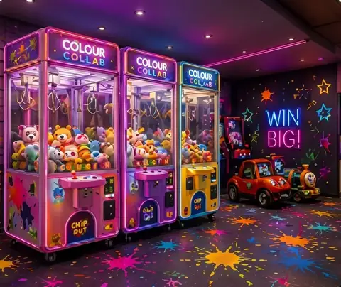 Neon claw machines filled with plush toys