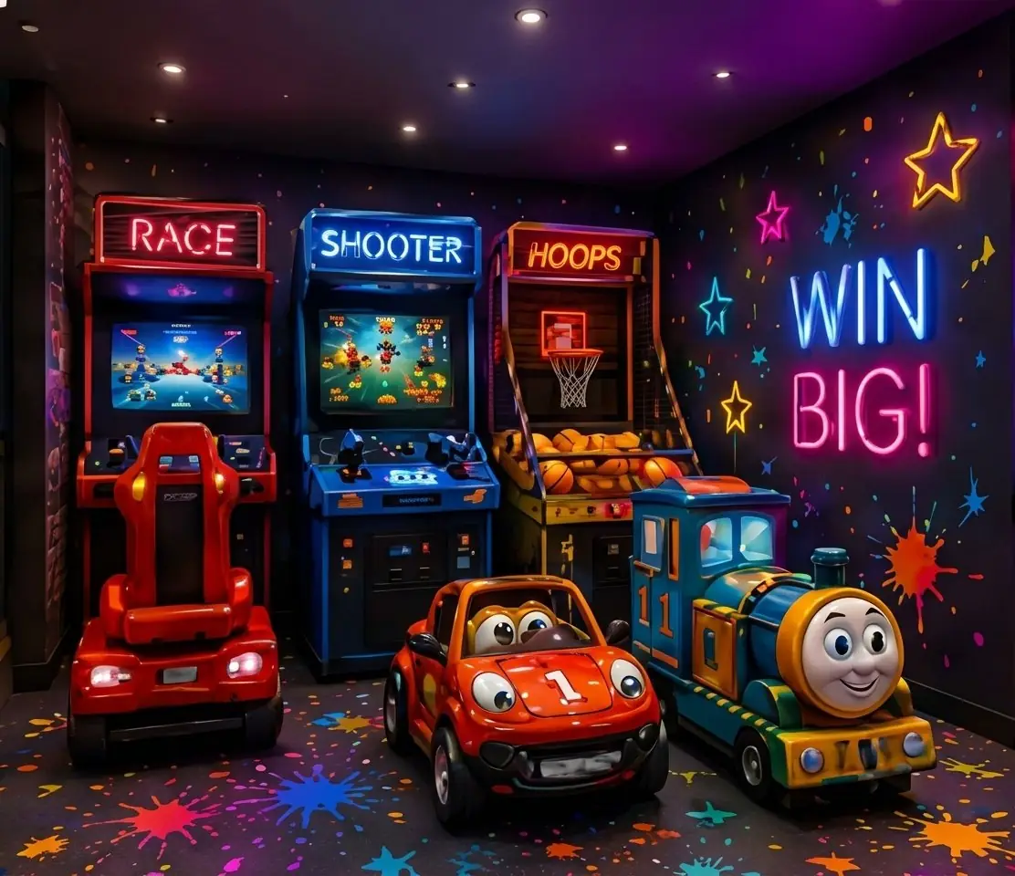Racing, shooter and basketball arcade games with ride-on cars