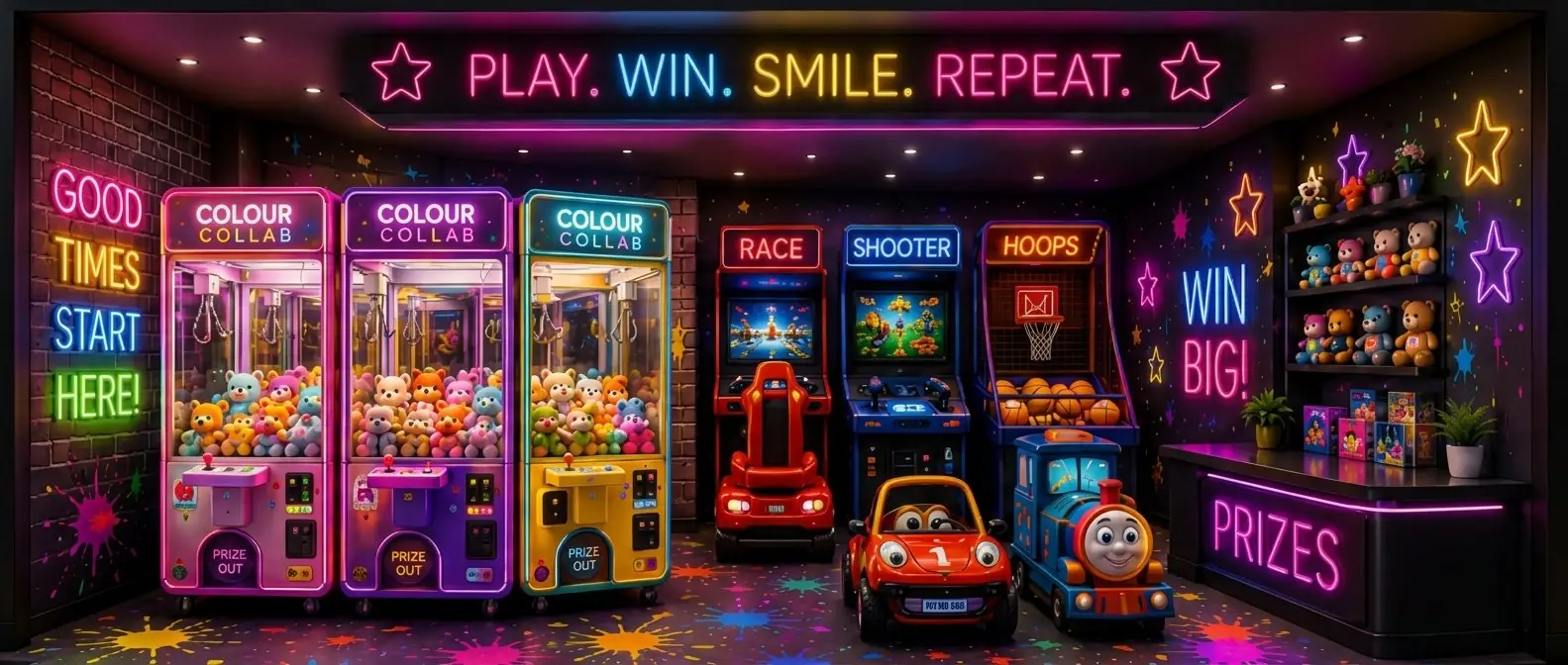 The Colour Collab kids arcade with claw machines, arcade games, ride-on cars and a prize counter