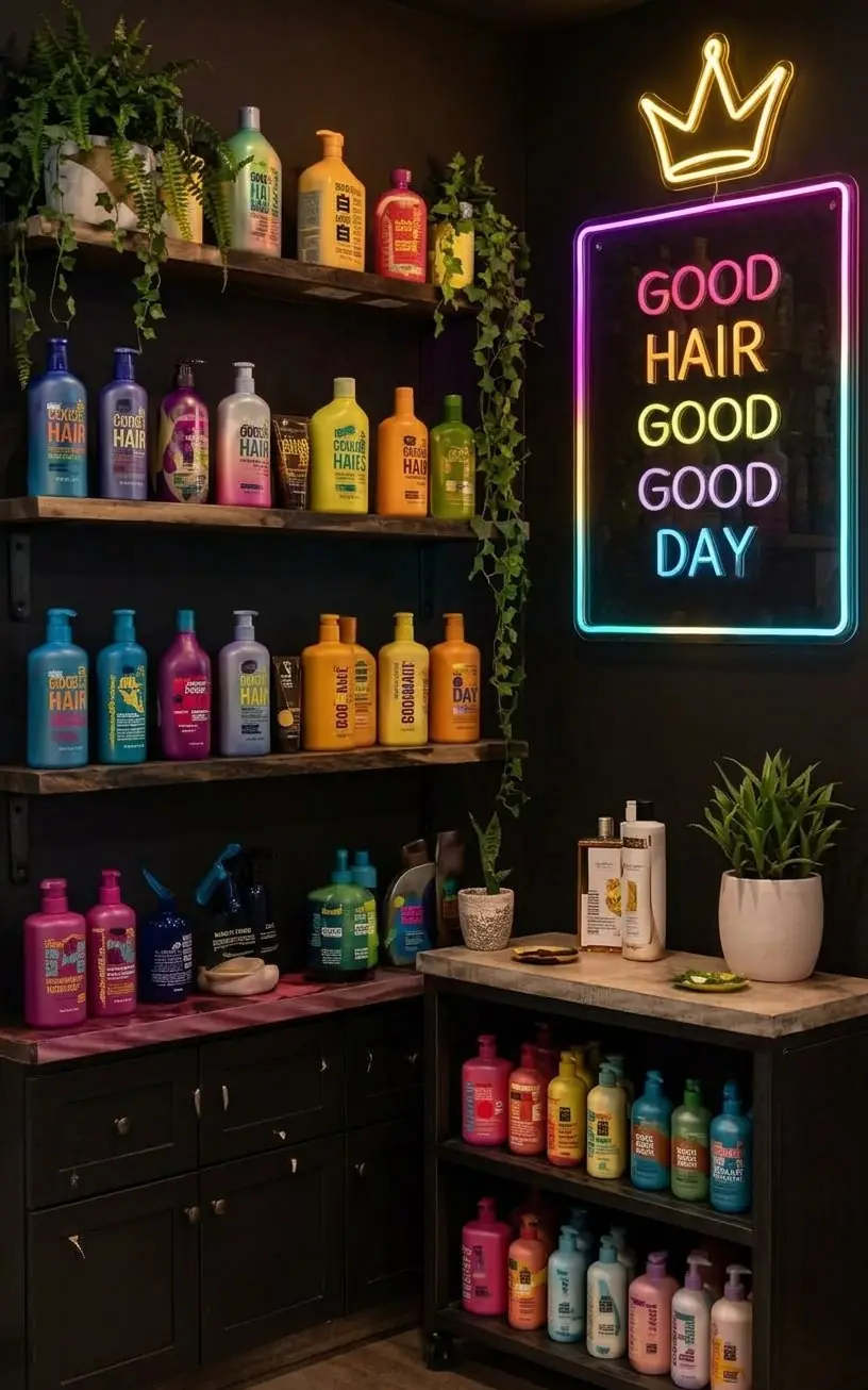 Retail shelves of hair products under a neon 'Good hair, good day' sign