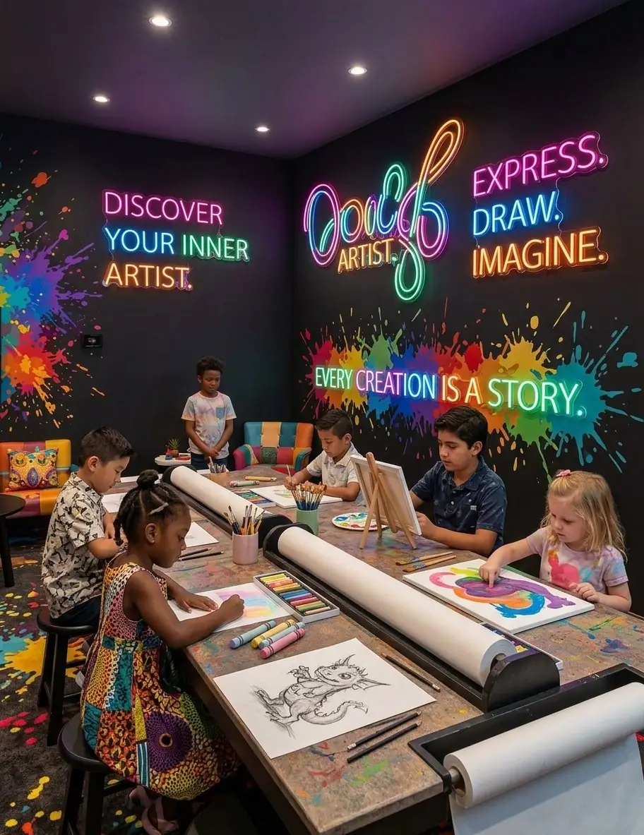Children drawing and painting at long art tables under neon signs reading 'Discover your inner artist' and 'Every creation is a story'