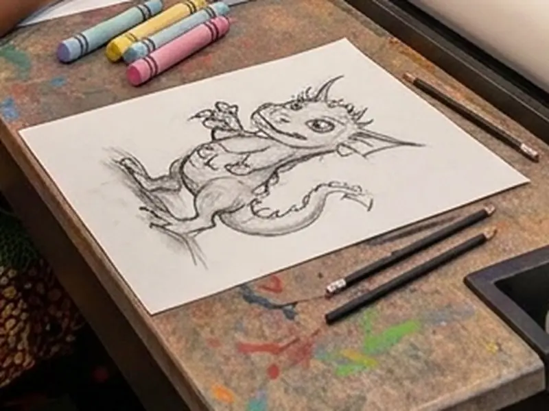 A child's pencil sketch of a dragon beside pastels and pencils