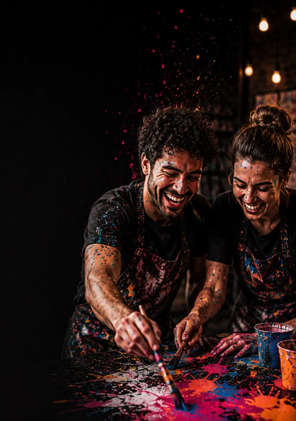 Couple laughing while painting together