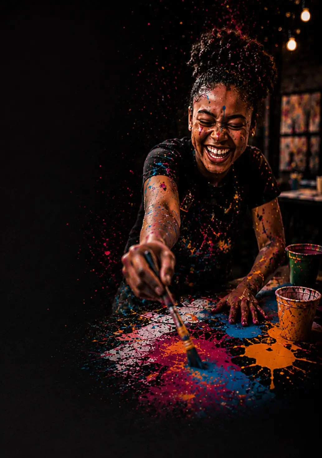 Woman laughing while splatter painting