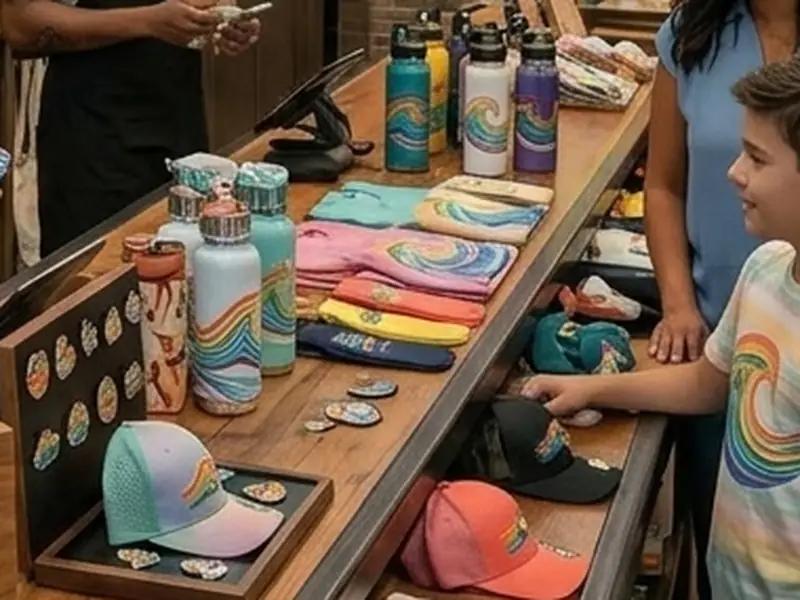 A boy browsing caps, pins, bottles and t-shirts at the store counter