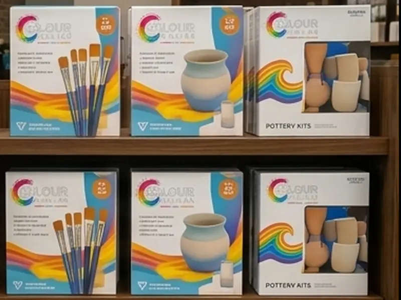Shelves of Colour Collab brush and pottery-painting kits
