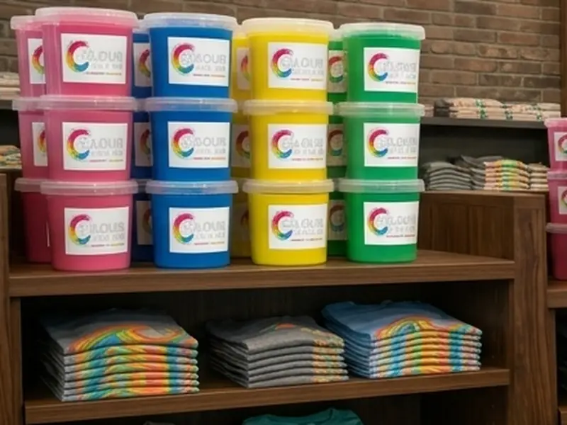 Stacks of Colour Collab paint tubs in pink, blue, yellow and green above rainbow t-shirts