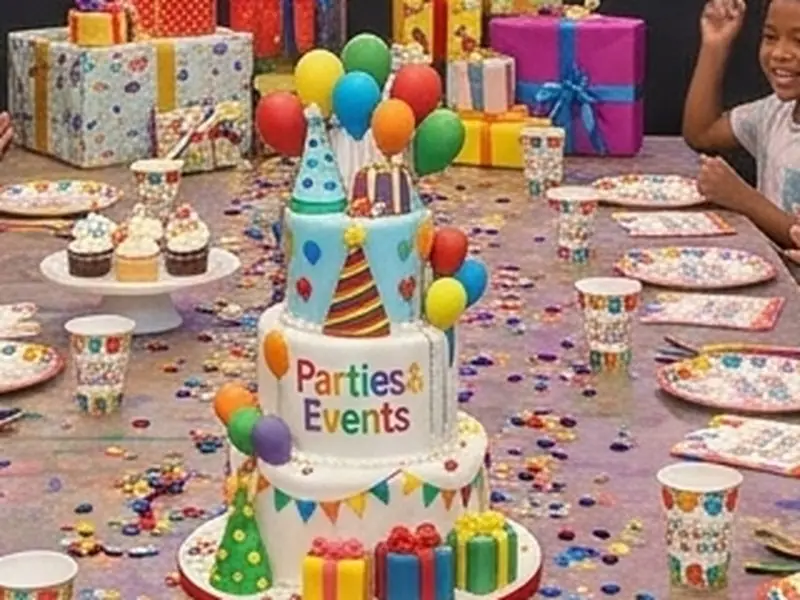 A colourful tiered birthday cake surrounded by cupcakes and party cups