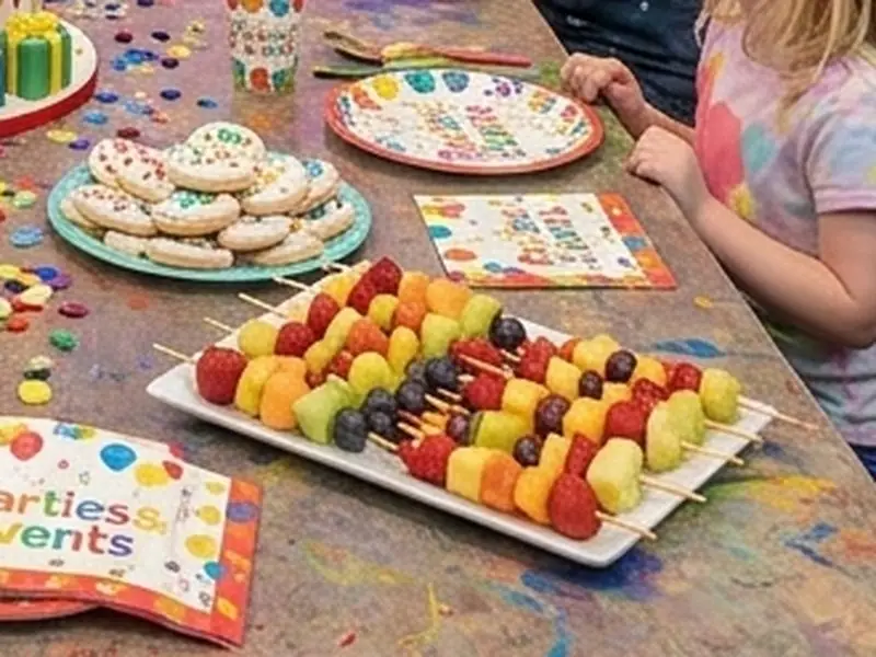 Fruit skewers and iced cookies on a paint-splattered party table