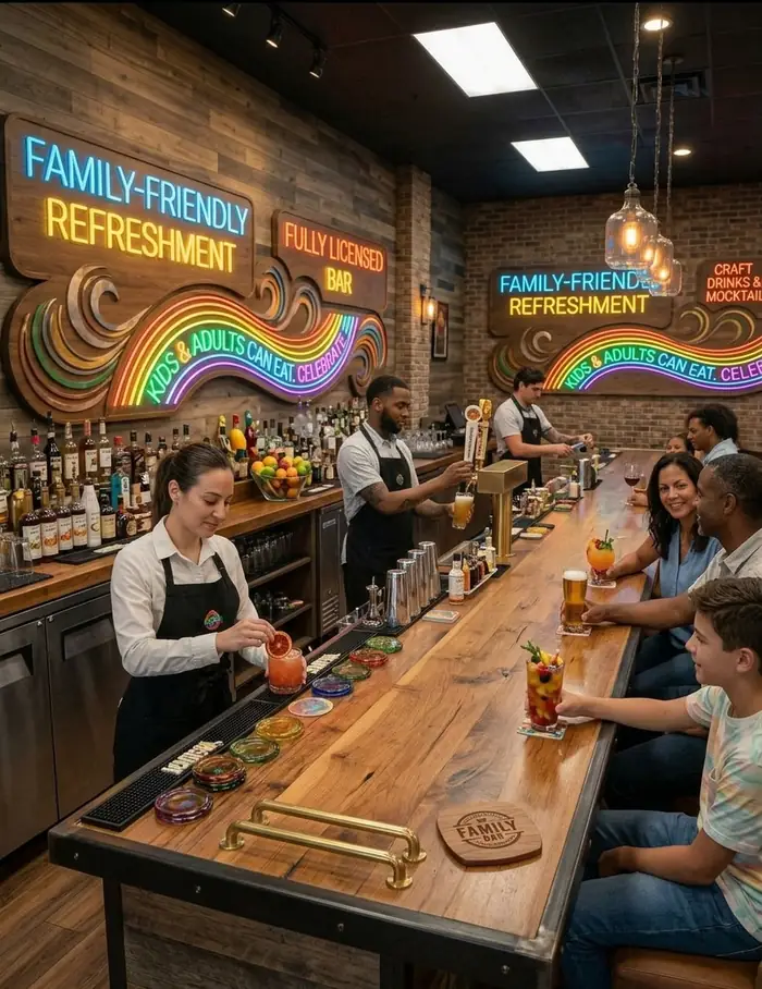 Bartenders pouring drinks at the fully licensed bar while a family chats at the counter